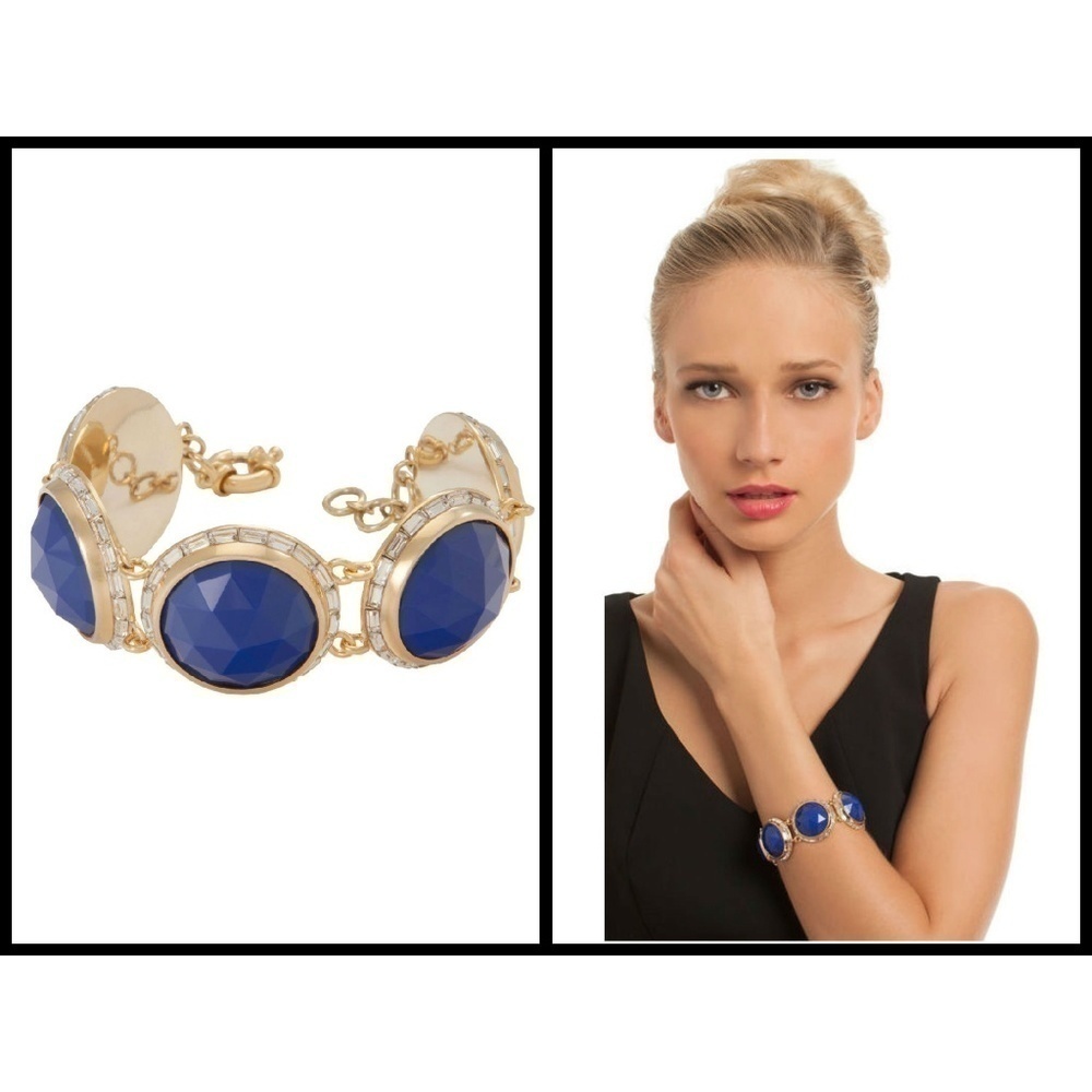 💕TRINA TURK💕 Large Round Bezel Set Stone Flex Bracelet Glass Dome Blue NWT
